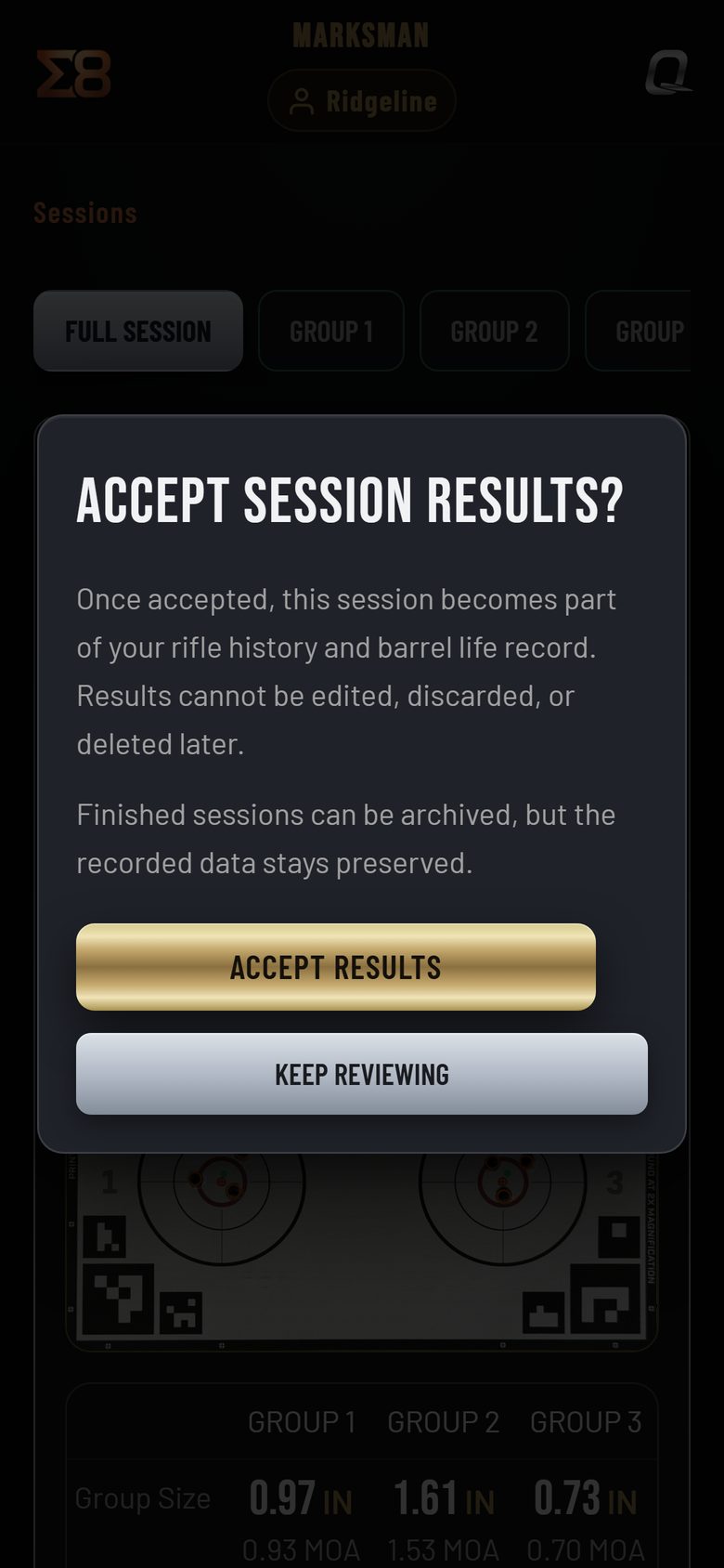 The Accept Session Results question on a phone, with the ACCEPT RESULTS and KEEP REVIEWING buttons.