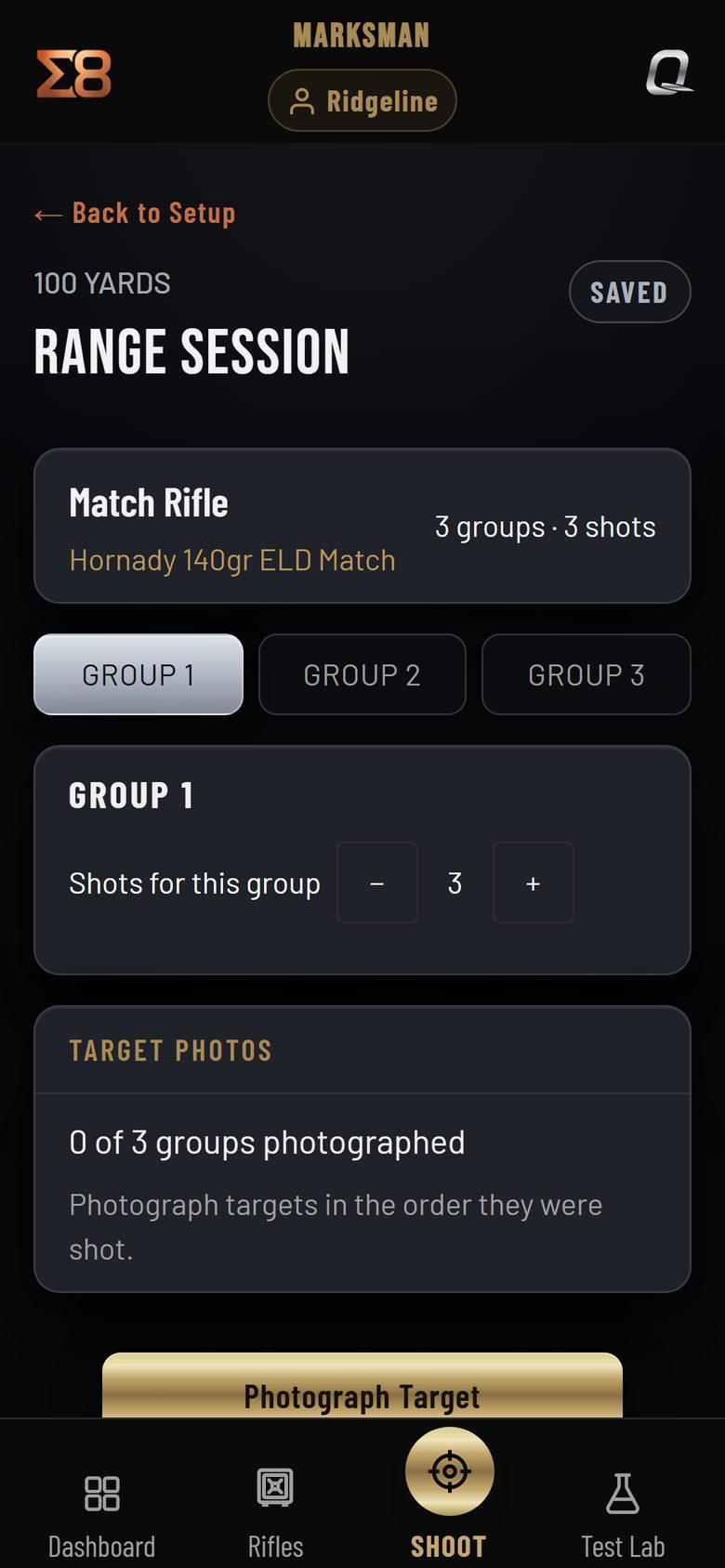 The Range Session screen: the rifle and ammunition, a tab for each group, the shot count for the group, and the Photograph Target button.