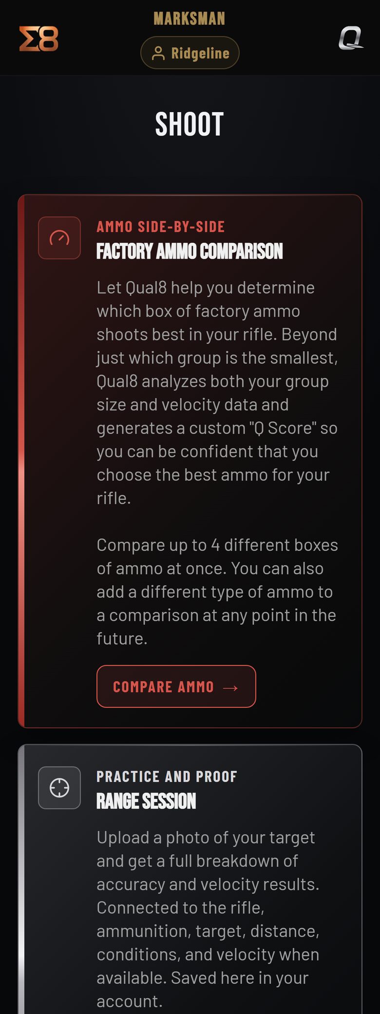 The Shoot screen on a phone, with the Factory Ammo Comparison and Range Session tiles.