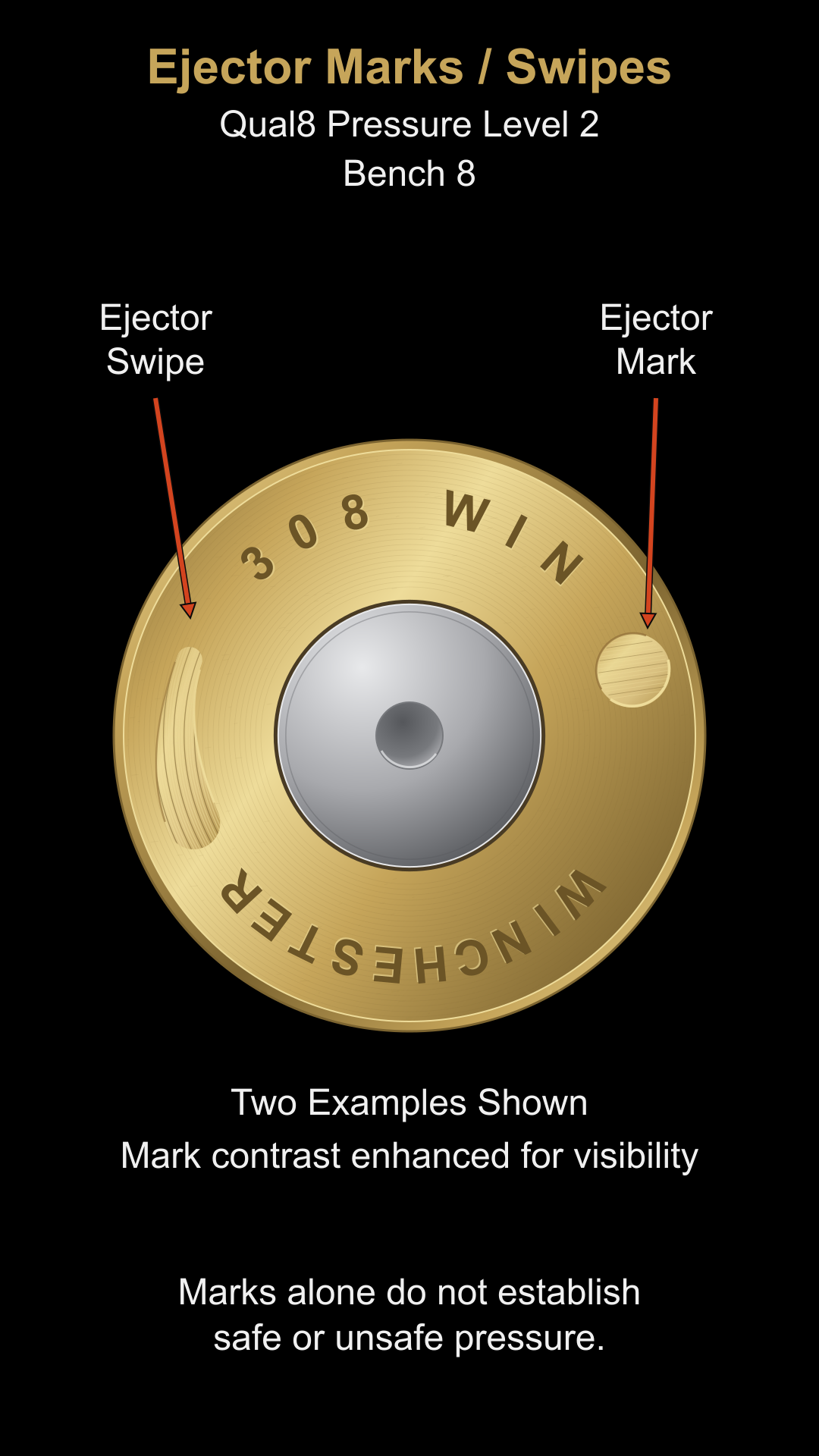 Illustration showing two examples of ejector marks and swipes on a case head, with contrast enhanced for visibility.