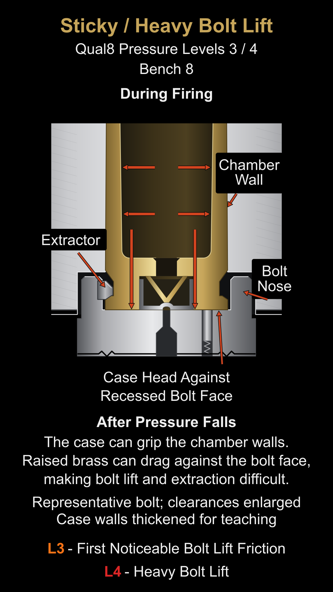 Cutaway illustration of the case, chamber, extractor, and bolt face accompanying the sticky and heavy bolt lift explanation.