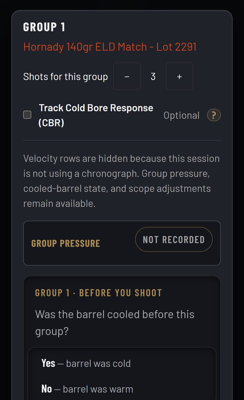 The Group 1 card on a session's shooting screen on a phone, with the tick box Track Cold Bore Response (CBR), marked Optional.