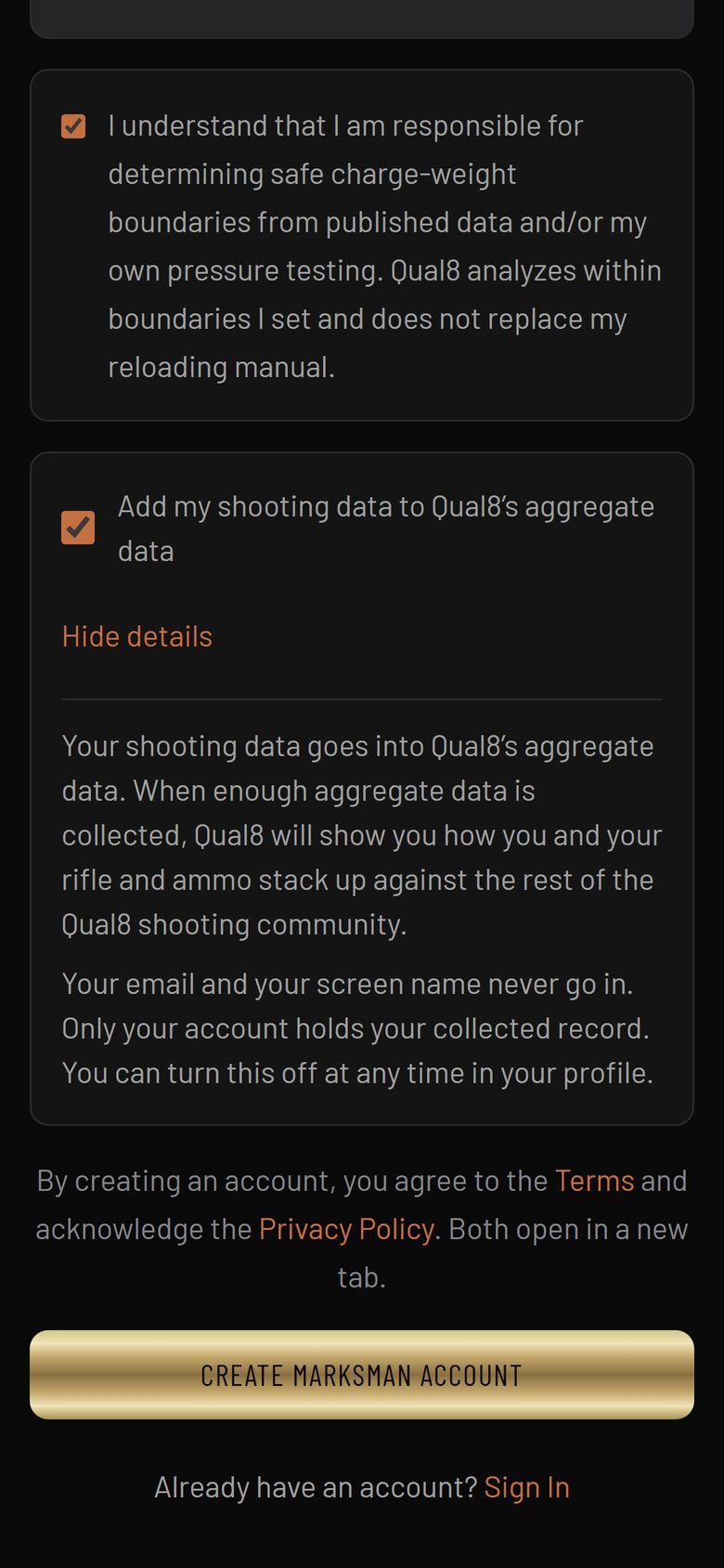 The sign-up screen on a phone: the safety box ticked, the box Add my shooting data to Qual8's aggregate data with What's shared open, and the Create Marksman account button.