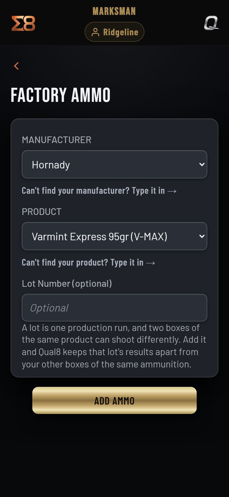 The Factory Ammo screen on a phone: manufacturer, product, an optional lot number and the ADD AMMO button.