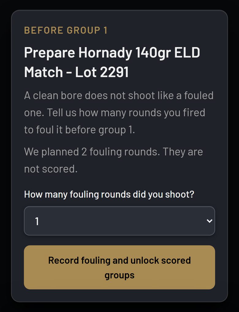 The Before Group 1 card on a phone: prepare the first box, how many fouling rounds were planned, and the button Record fouling and unlock scored groups.