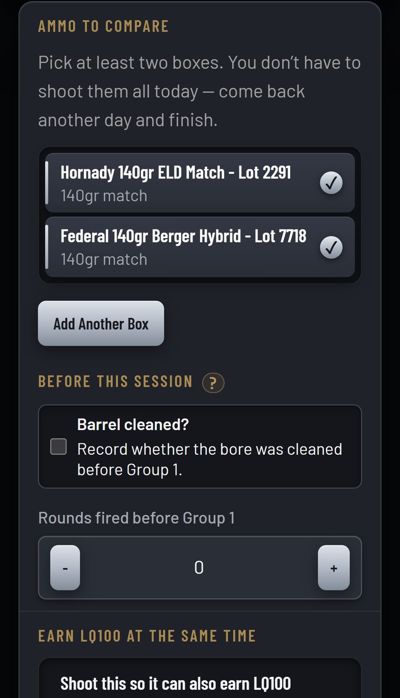 The Factory Ammo Comparison setup on a phone: two boxes of ammunition ticked under Ammo to compare, and the questions about the barrel before this session.