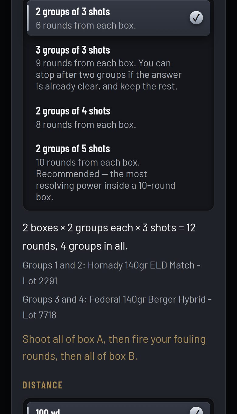 The How much to shoot from each box choices on a phone, with the plan Qual8 worked out underneath: which groups belong to which box.