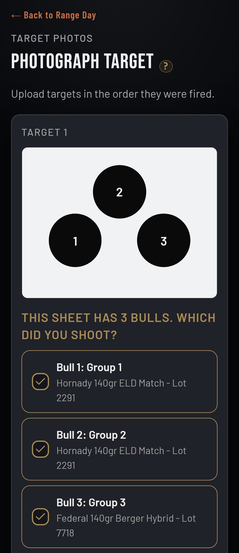 The target photo screen on a phone asking which of the three bulls on this sheet were shot, each bull named with its group and box.