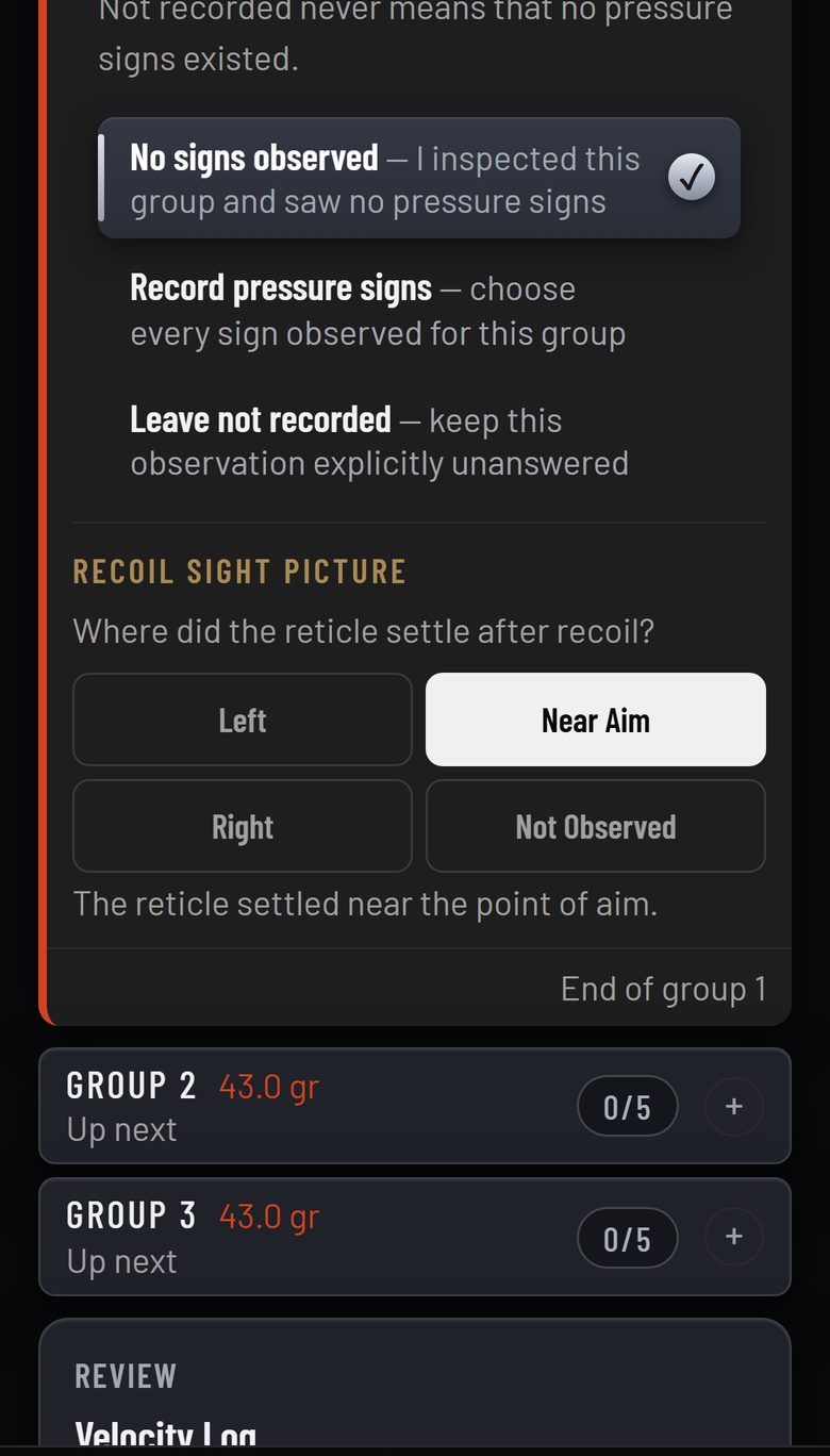 The Range Day screen for a load development on a phone.