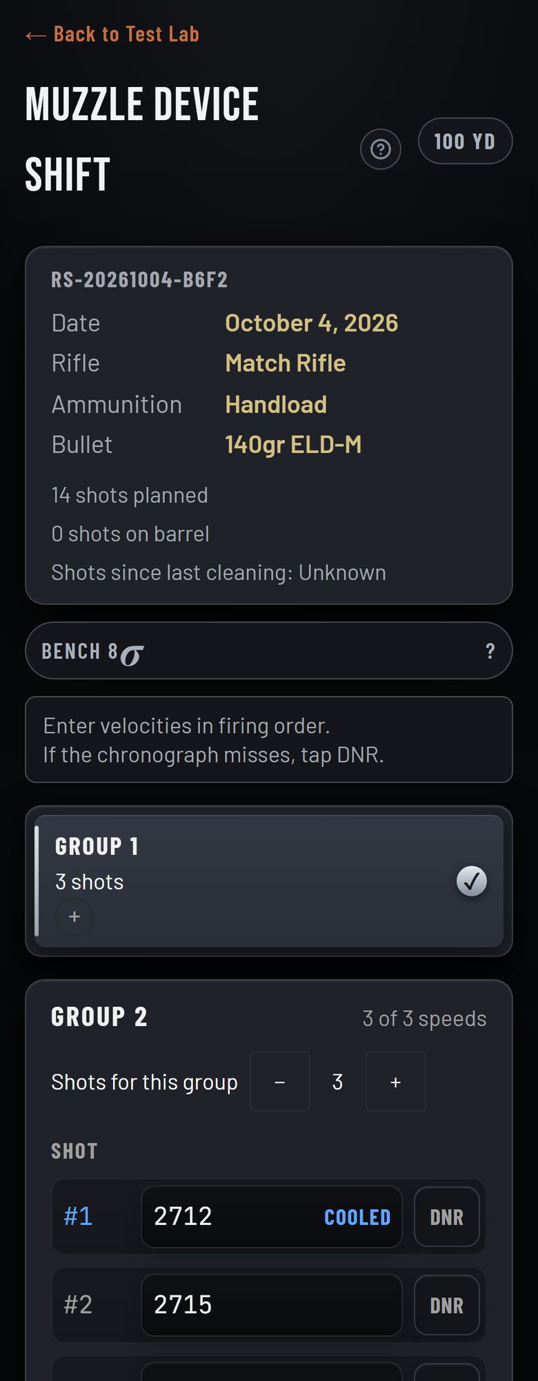 The Muzzle Device Shift shooting screen on a phone, with Configuration A's groups.