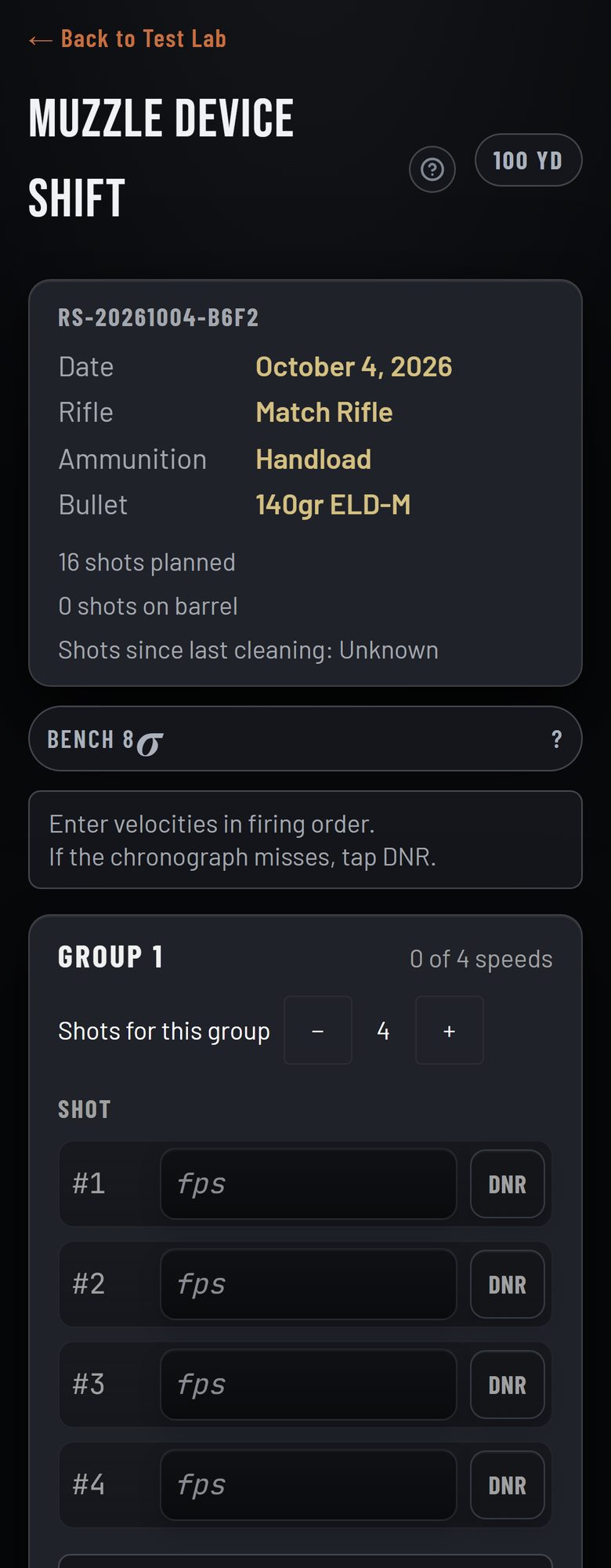 The Muzzle Device Shift setup on a phone: ammunition, distance, and Configuration A and B.