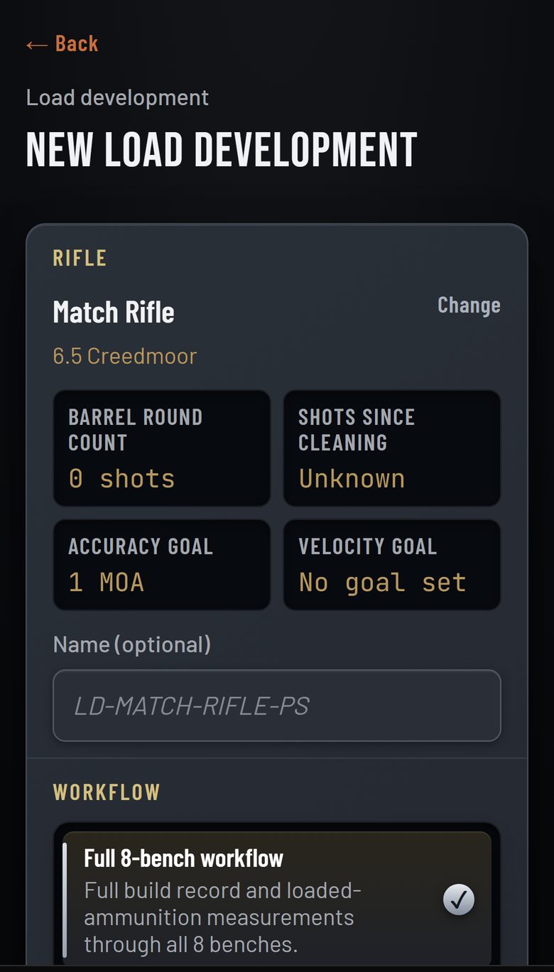 The New Load Development screen on a phone: the rifle, the workflow choice and the components.