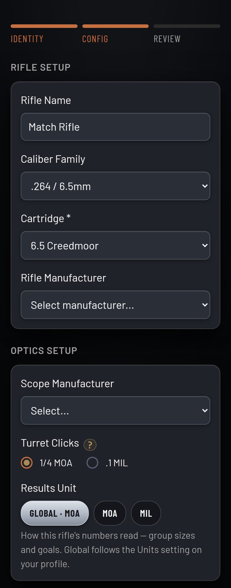 The second New Rifle screen on a phone, filled in: rifle name, caliber family, cartridge and the rest of the rifle's details.