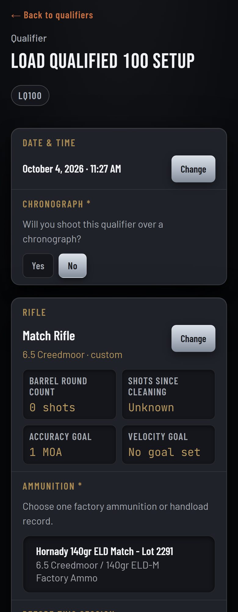 A qualifier setup screen on a phone: date and time, chronograph, the rifle and its goals, and the ammunition.