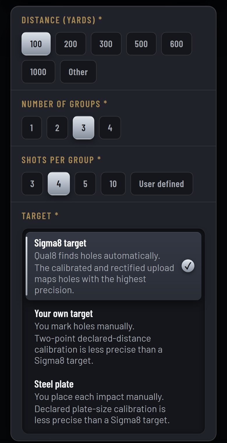 Range Setup on a phone: distance, number of groups, shots per group and the three target choices.