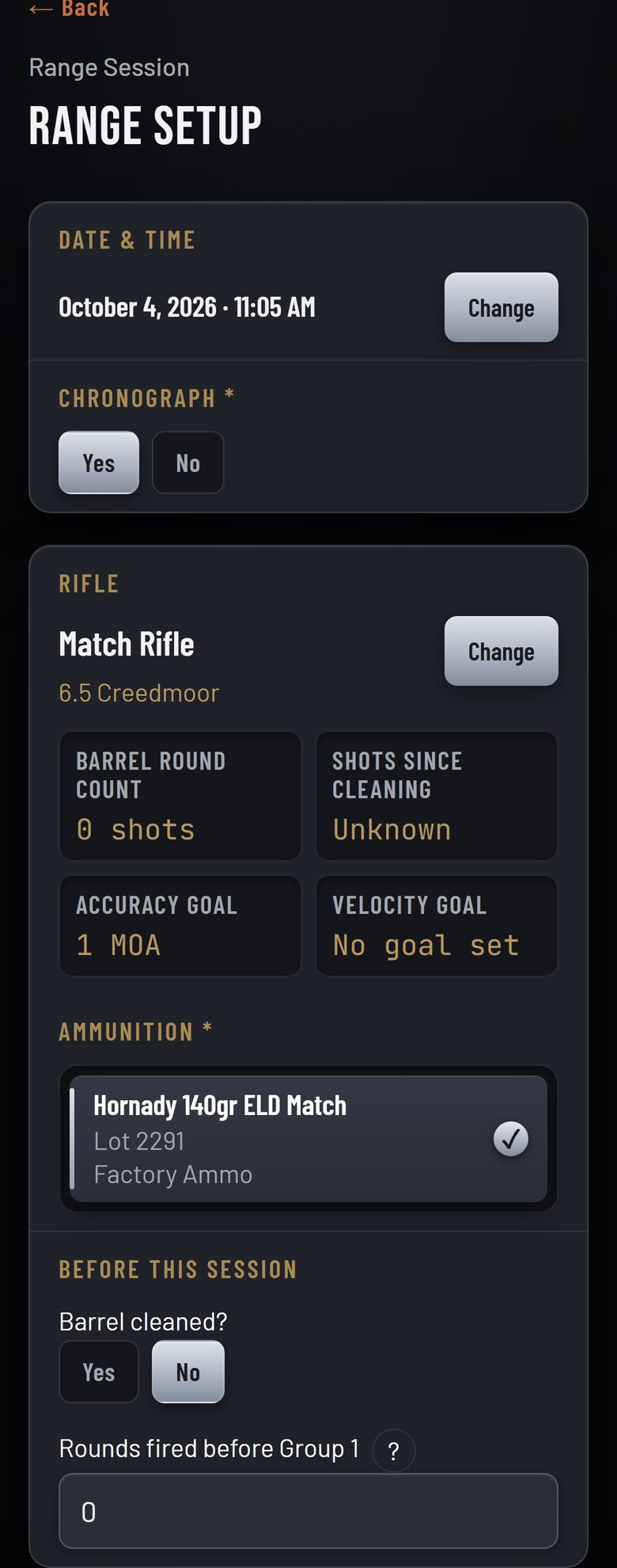 Range Setup on a phone: chronograph Yes or No, the rifle with its barrel round count, the ammunition, and the questions about cleaning and rounds fired before Group 1.