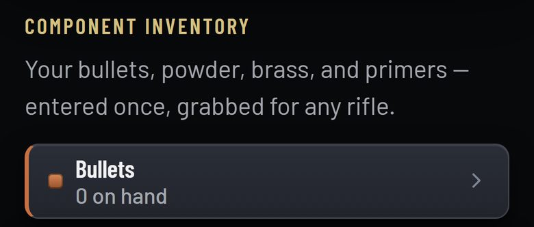 Component Inventory on the Reload screen on a phone, with its Bullets row reading 0 on hand.