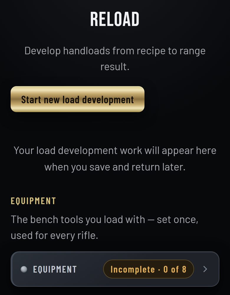 The Reload screen on a phone: the Start new load development button and, under it, the Equipment card reading Incomplete, 0 of 8.