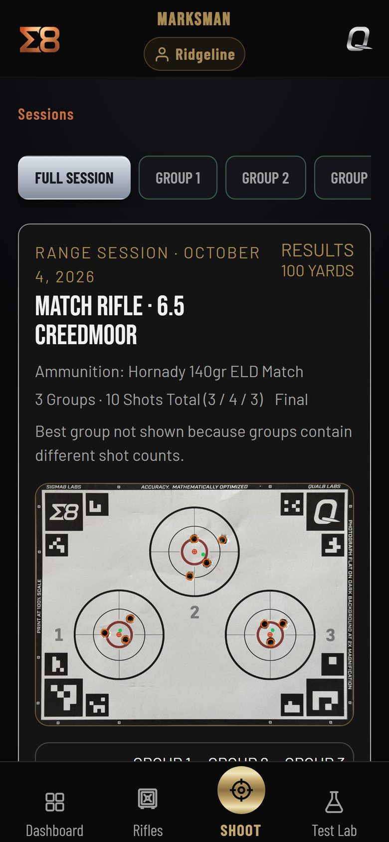 A finished Range Session result on a phone: the rifle, ammunition and distance, and the photographed three-group target with every hole marked.
