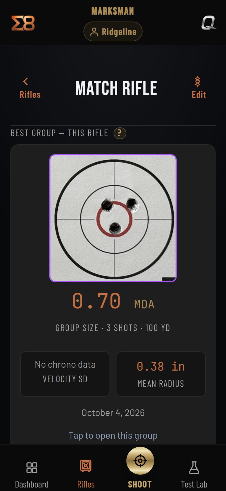 The rifle's page on a phone after one session: its best group, the barrel round count and the sections for specs, ammunition and history.