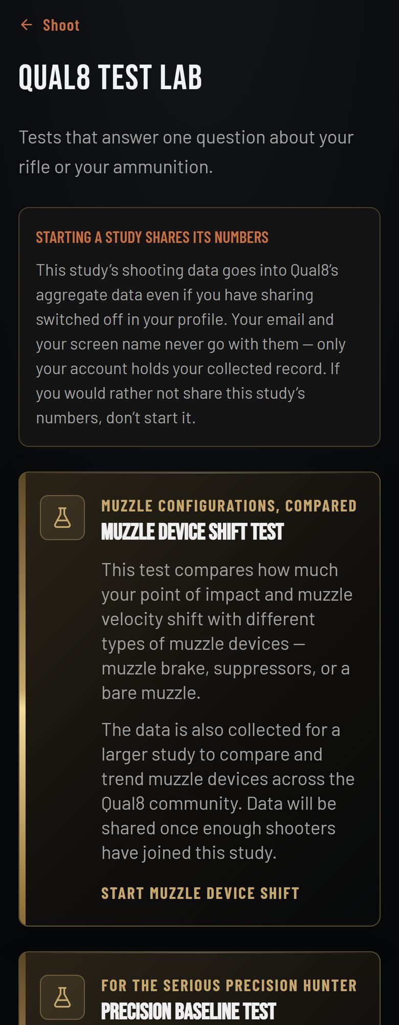 The Qual8 Test Lab screen on a phone, with the notice that starting a study shares its numbers and the Muzzle Device Shift Test card.