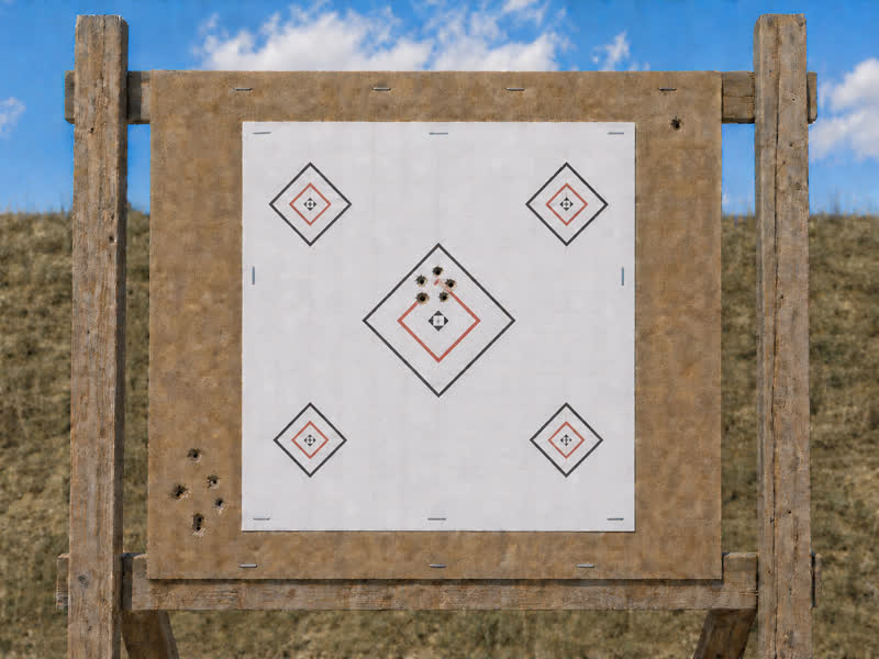 A printed grid target stapled to a backer on a range frame, with a group of holes in the centre diamond