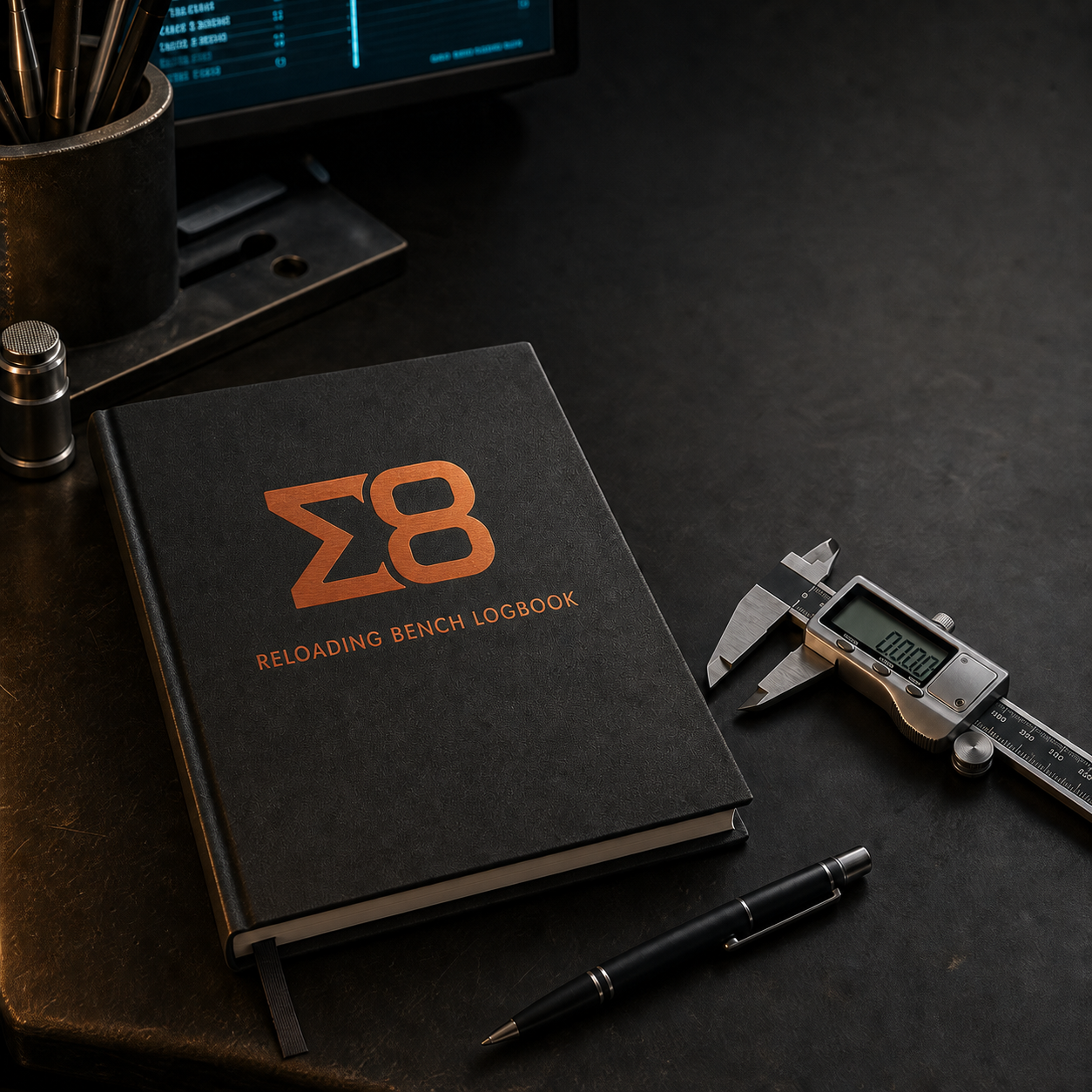 Sigma8 Reloading Bench Logbook with precision measuring tools